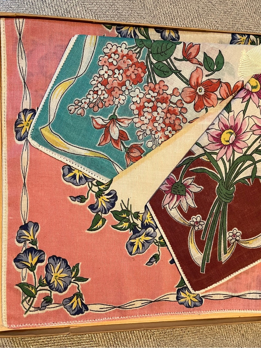Set of 3 Vintage Floral Handkerchiefs - Pink, Teal, Cream, Burgundy
